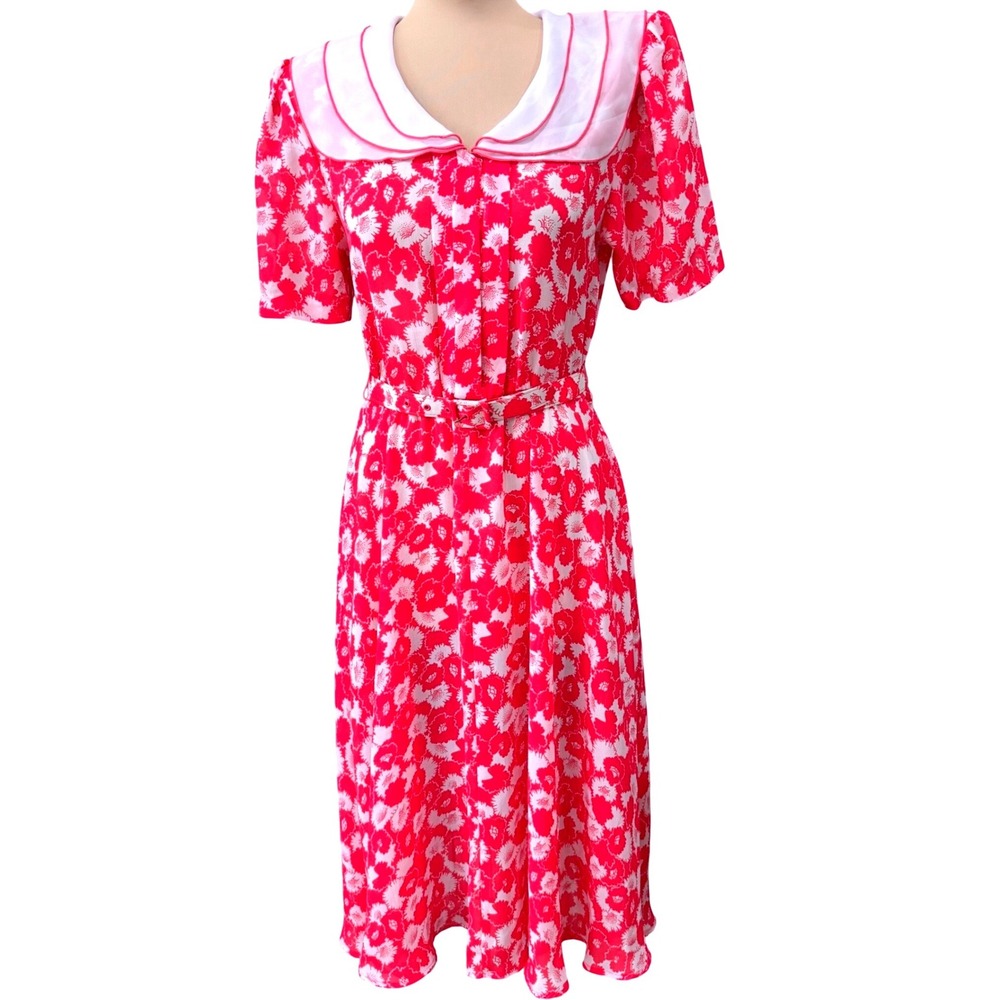 Vintage 90's Andrea Gayle Petite 6 Coral Floral Sailor Collar Midi Dress Cottage